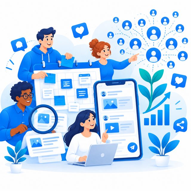 Illustration: organic content planning and audience growth across social platforms