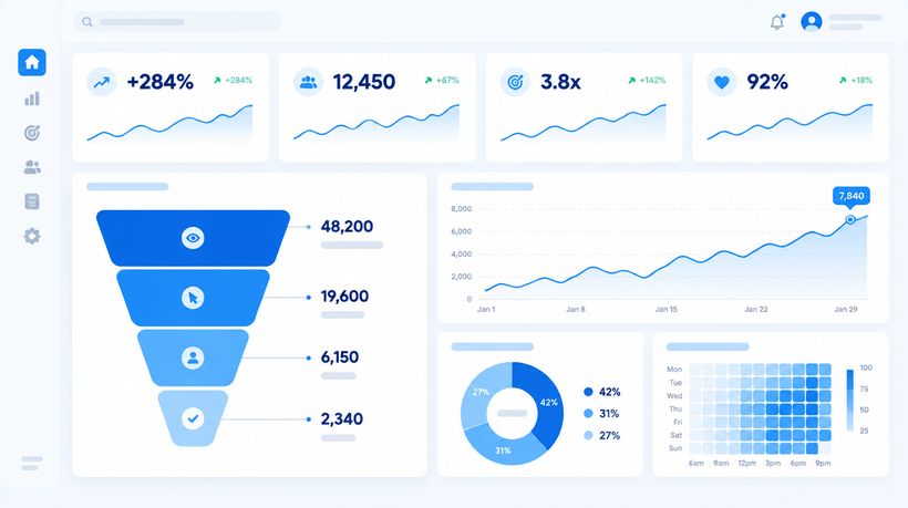 Dashboard illustration showing campaign performance metrics: growth, reach, conversion, and engagement trends