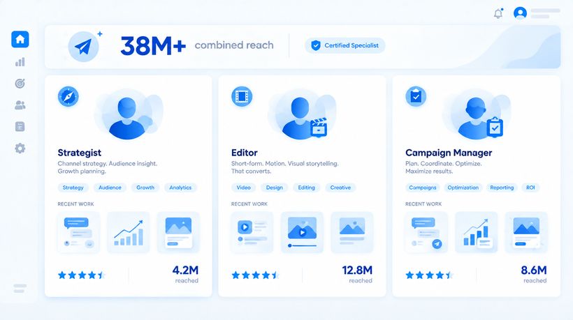 Dashboard illustration showing the specialist team: strategists, editors, and campaign managers at work on messaging platform campaigns