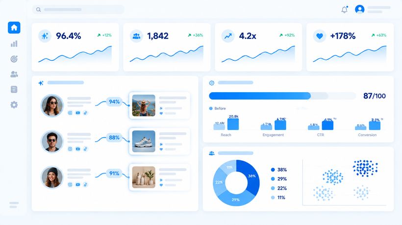 Dashboard illustration showing AI-driven automation: influencer matching, content optimisation, and audience segmentation tools