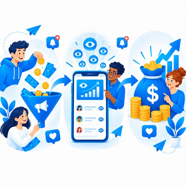 Illustration: paid Telegram campaign funnel driving views and revenue