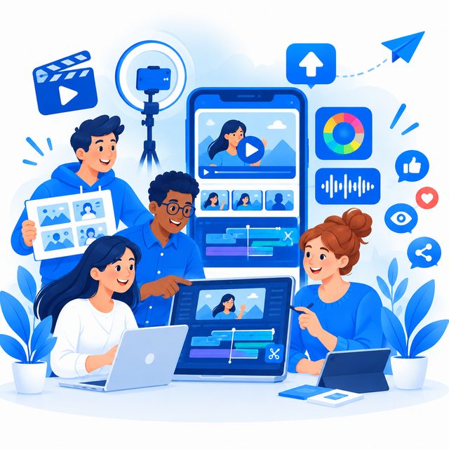 Illustration: creative team producing and editing short-form video content